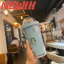 Novo 450 ML Cute Rainbow Starbucks Cup Duplo Plástico com Canudos PET Material para Crianças Adultos Meninas para Produtos de Presente Atacado H1102