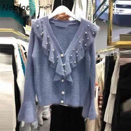 Flare Sleeve Beading Fungus Patckwork Femme Cardigan Höst Vinter V-Neck Sweater Bling Pearl Button Coat 210422