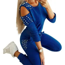 Kvinnor Ladies Tracksuit Cold Shouder Tops High Waist Bandage Fashion Pants 2st Set Byxor Lounge Wear Casual Sportwear Suit Y0625