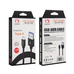 2022 3.1A OLESIT CHARGER RÁPIDO MICRO USB Cabos Data Tipo-C Cabo 2M 6,6FT 3M 10FT para Samsung Huawei Basus com caixa de varejo