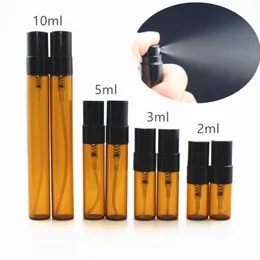 50 pçs / lote 2ml 3ml 5ml 10ml âmbar vidro perfume frasco de pulverizador de vidro fino vidro vazio frascos de frascos de sampa com bomba de alumínio