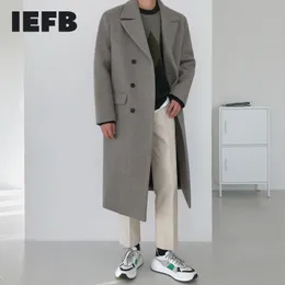 IEFBウールコートメンズ韓国のファッション上の膝半ばの冬の肥厚緩いダブルブレストウォームロングコート9Y4486 210524