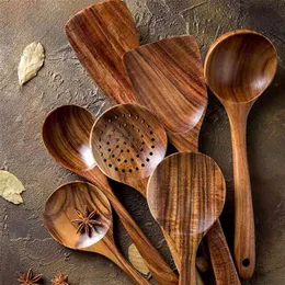 Wood Tableware Spoon Ladle Turner Long Rice Colander Soup Skimmer Cooking Scoop Kitchen Tool Set Thai Teak Natural 210423