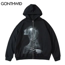 Gonthwid Mens Hip Hop Zip Up Streetwear Hooded Sweatshirt Jacka Gothic Vintage Print Zipper Hoodie Black 211217