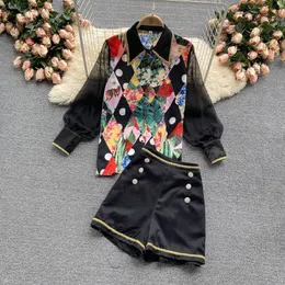 Summer Women Two Piece Set Flower Print Mesh Lantern Sleeve Patchwork Black Weave Shirts Top + Button Pocket Shorts Sets 210416