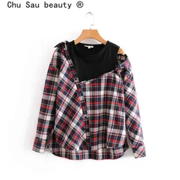 Chu Sau Beautyファッションカジュアルチェック柄ブラウス女性甘いシックな偽の2つの部分女性のシャツBlogger Style Blouse 210508