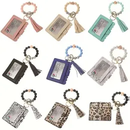 Leather Bracelet Wallet Keychain Party Favor Tassels Bangle Key Ring Holder Card Bag Silicone Beaded Wristlet Keychains WHT0228