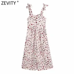 Zevity Women Sweet Floral Print Bow Tied Strap Wide Ben Byxor Jumpsuits Chic Lady Elastic High Waist Casual Slim Rompers DS8307 210603