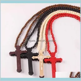 Pendants Wooden Cross Pendant Necklaces Christian Religious Wood Crucifix Charm Beaded Chains For Women Men Fashion Jewelry Gift Drop