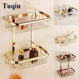 Tuqiu Złoto Łazienka Półka narożna Uchwyt Soap Dual Tier Sheepki Brass Shampoo Holder Basket 210724