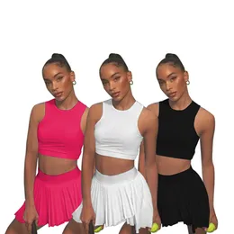 Yeni Yaz Kadınlar İki Parça Elbise Siyah Tank Top+Mini Etek Düz Renk 2 Plcs Plus Boyut Ses-Giysiler Fitness Giyim Kolsuz T-Shirt+Mini Biskirt 4954