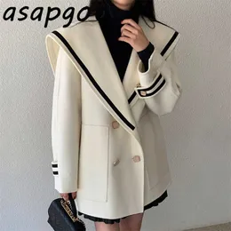 Quilted Coats & Jackets Wool & Blends Contrast Sailor Collar Woolen Coat Women Double Breasted Loose Big Pockets Full 211019