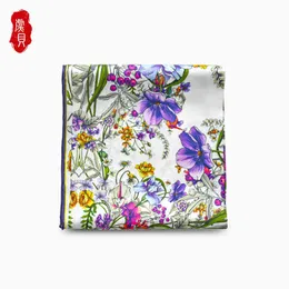 Black real silk twill scarf printed with flowers head scarfs women elegant soft white square bandana shawl luxury gift for lady Q0828