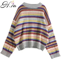 H.Sa Jesień Zima Kobiety Moda Pull Paski Kolorowe Bluzy Flare Rękaw Rainbow Chic Dziewczyny Sweter Oversize 210417