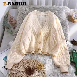 E-Baihui Vintage Short Cardigan Stickad tröja Kvinnor Höst Vinter Långärmad Solida Sweaters Coat Jackor Kvinnor 211103