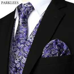 Фиолетовый Пейсли Флористическая Жаккардовая 3шт Жилет + галстук + платок набор 2019 тонкий подходящий мужской смокинг жилет для вечеринки свадьба Gilet Homme