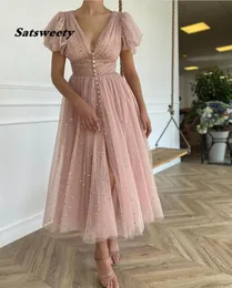 Glitter Blush Short Prom Dresses V-Ausschnitt Puffärmeln Falten Tüll Abendkleider Knöpfe Tee Länge A-Line Party-Gowns