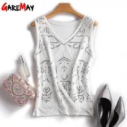 Sequin Top V Neck for Women Sleeveless White Casual Mesh Tank Streetwear Sexy Ladies s Summer 210428