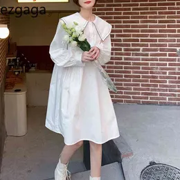 Ezgaga Kobiety Sukienka Biała Wysoka Wasit Eleganckie Suknie Chic Wiosna Koreańska Moda Z Długim Rękawem Piękna Dziewczyna Sukienka Vestidos 210430