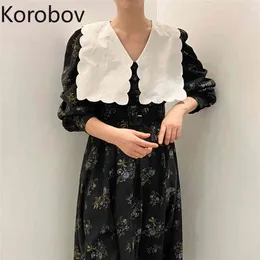 Korobov Koreański Chic Vintage Wave Długie Kobiety Sukienka Elegancka Rękaw Puff Sashes Wysoka Talia Slim Sukienki Letnie Szyfonowe Vestidos 210430