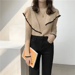 HziriP OL Basic Bottoming Knit Sweater Korean Style Flounced Stitching Pullover Sweaters Slim Warm Thick Knitted Tops 210917