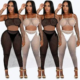 Women's Swimwear Summer Crochet Mesh Fishnet Sexy Beach 3 Piece Bikini Set Women Spaghetti Strap Crop Top Underpants And Long Maxi Skirts