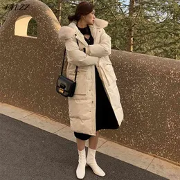 Mulheres de inverno espessura de neve quente sobretudo branco pato para baixo casaco grande raposa colar de pele capuz jaqueta longa 210430