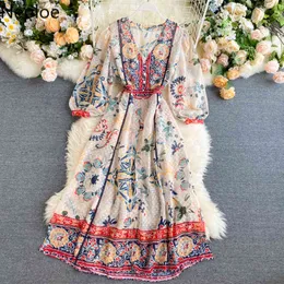 NEPLOE Floral Print Dress Women Indie Folk V Neck Puff Sleeve Semester Klänningar Elegant Split Chiffon Vestidos Femme 1d825 210423