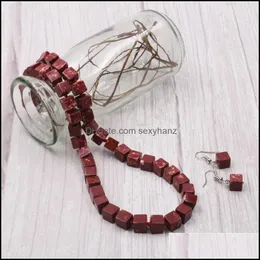 Kolczyki Naszyjnik Zestawy biżuterii Styl 8mm Square Stone Red Synthesis Turkus Imperial Jaspers Moda Damska Prezent 18 cali Y553 Drop