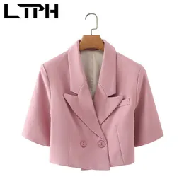 vintage England Style short Double Breasted pink blazer sleeve slim women blazers casual Jackets Summer 210427