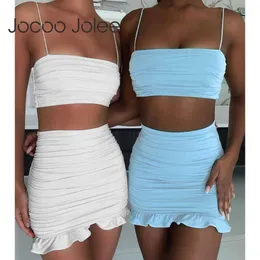 Jocoo Jolee Women Summer Sexy Backless Strapless Pleated Tank Top And High Waist Skim Ruffles Two Piece Sets Solid Party Club 210619