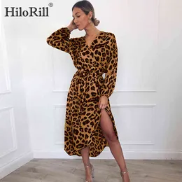 Leopard Sukienka Kobiety Z Długim Rękawem Plaża Sexy V-Neck Lady Midi Elegancki Split Party Es Vestidos de Fiesta 210508