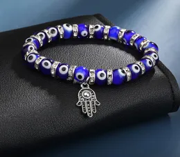 10PCS/lot 8mm Turkey Glass Evil Blue Eyes Beads Bracelets Hamsa Hand Charm Men Women Fashion Jewelry Friendship