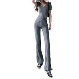 Belki U Kadınlar İki Parçalı Set Rahat Streç Örme Düzensiz T-shirt Sıska Yüksek Bel Uzun Bölünmüş Pantolon Flared Pantolon T3034 210529