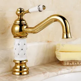 Elegant modern Luxury Gold Crystal sink faucet hot and cold water bathroom single hole basin faucet deck mounted Brass mixer tap