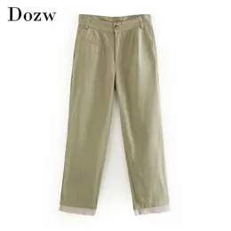 Patchwork Gevşek Düz Pantolon Kadın Ordu Yeşil Renk Rahat Uzun Pantolon Bayan Cep Moda Ofis Pantolon Ropa Mujer 210414