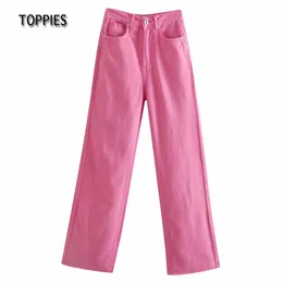 Toppies Mode Lange Jeans Rose Rosa Gerade Denim Hosen Hohe Taille Frau Hosen Streetwear 210412