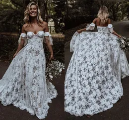 2021 Land Floral Lace Bröllopsklänning Boho Sweetheart Avtagbara ärmar Bohemian Bridal Gowns Plus Size Beach Bride Dresses Vestido de Noiva Rustik Al9009