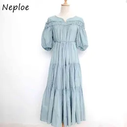 Neploe Chic Drawstring Slim Waist Dresses V Neck Puff Sleeve Sexy Backless Women Dress Spring Summer Fresh Vestidos 210510