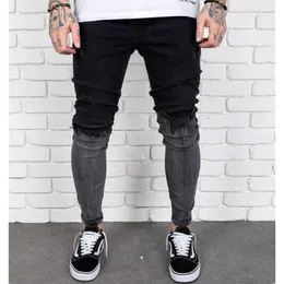 Mens Casual Fashion Personality Jeans Gradient Black Gray Contrast Color Ripped Holes Washed Denim Trousers