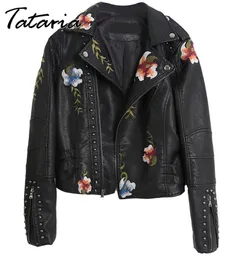 Faux Leather PU Jacket for Women Motorcycle Asymmetric Zip Bomber Embroidery Black Rivet Coats Streetwear 210514