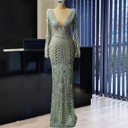 Elegant Sage Mermaid Evening Dresses Lace Appliques Deep V Neck Party Gowns Kvinnor Prom Klä Långärmade SEY SE Genom Robe de Soriee