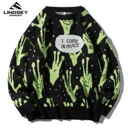 Lindsey Sweter Sweter Zworki Dzianiny Harajuku Alien Hip Hop Streetwear Mężczyźni Knitwear Odzież Pullover Oversize Swetry