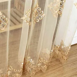 Luxury Embroidered Sheer Voile Curtain Window Drapes Cortina for Living Room Door Gold Lace Curtain Tulle Windows 210913