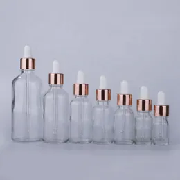 Luxury 5ML-100ML Glass Eye Dropper Bottle Clear Cosmetic Essential Oil Bottle With Rose Gold Cap In Stock