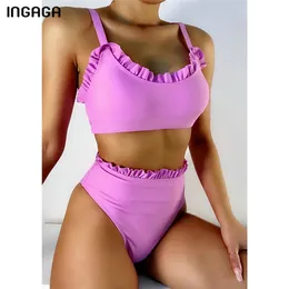 Ingaga High Waist Bikinis Ruffle Kvinnors baddräkter Push Up Biquini Sexiga Cut Badkläder Badkläder Strandkläder 210629