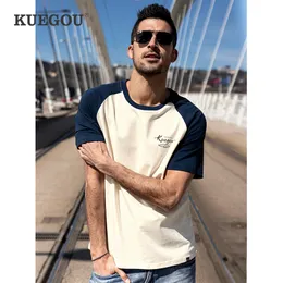 KUEGOU 100% algodón camiseta para hombre manga corta moda contraste color letra impresión camiseta verano vintage top talla grande ZT-90039 210524