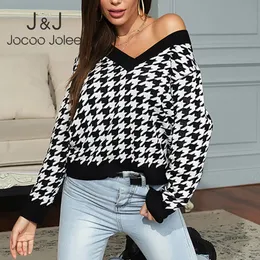 Jocoo Jolee Fashion Hahnentritt-Strickpullover, eleganter V-Ausschnitt, lockerer Pullover, lässig, minimalistisch, wilde Pullover, Winter-Vintage-Tops 210518