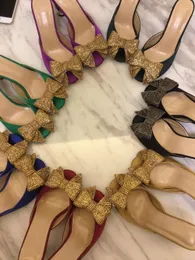 2021 Mulheres senhoras de couro genuíno strass de 8 cm de altura sandálias de verão chinelas de chinelo de vestido de noiva sapatos de gladiadores Sapatos de diamante 3D Bowtie