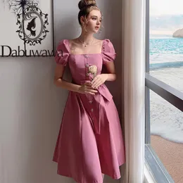 Dabuwawa Esclusivo Abito vintage rosa con colletto quadrato da donna Abito monopetto con maniche a sbuffo e fascia a trapezio Abito medio da donna DO1BDR029 210520